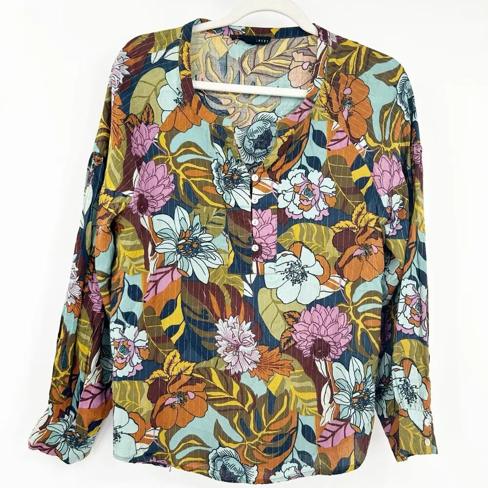 Jane and Delancey Womens‎ Tropical Summer Floral Artsy Popover Blouse Size L